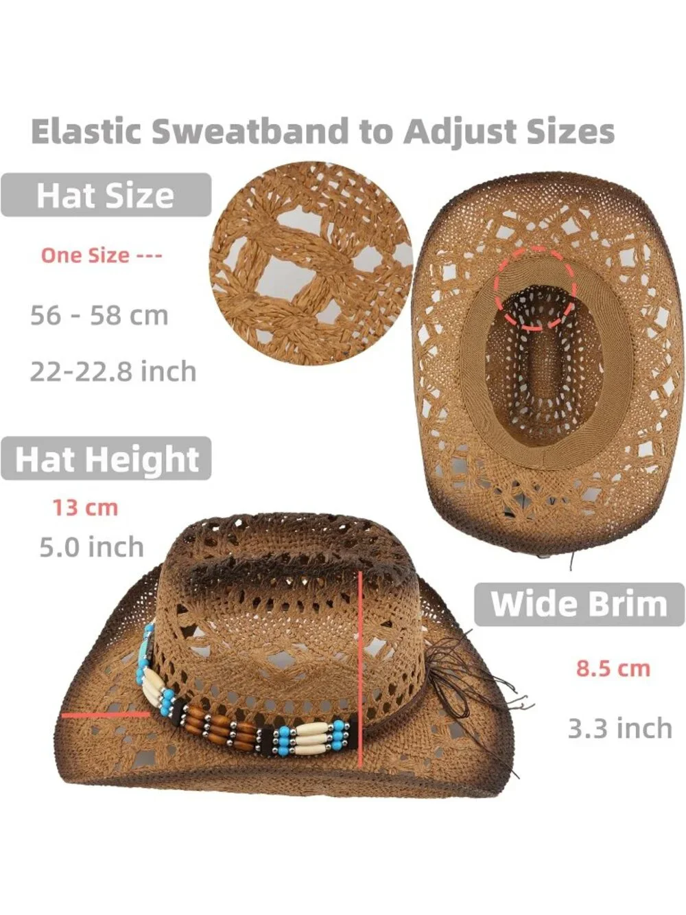 Men's Khaki-m20 Straw Adjustable Wide Brim Sun Beach Western Cowgirl Cowboy Hat